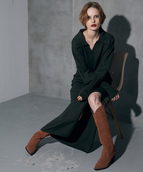 WONEM（ウォンエム）の「オープンカラーブラウジングニットロングワンピース（ワンピース・レディース・カーキ/グレー・FREE）」の5枚目の写真