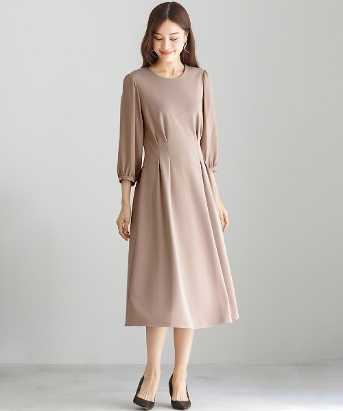 Emilyan（エミリアン）の「洗えて動けるワーママワンピ【手洗いできるハイストレッチジョーゼット】美フレアワンピース（ワンピース・レディース・チャコールグレー/ベージュ/ネイビー/ブラック/グレイッシュベージュ・S/M/L）」の21枚目の写真