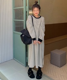 ボーダーサイドスリットマキシワンピ