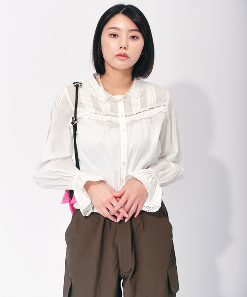 【新品未使用】完売かぐれ　ピンタックレースブラウス14,300円　ブラック ピンタックレースショートブラウス（シャツ/ブラウス）｜OUTDOOR