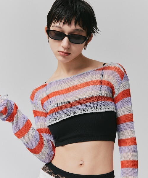 led.tokyo（レッドトウキョウ）の「【led.tokyo】2WAYシアーボーダーカーディガン（Tシャツ/カットソー・レディース・ピンク/ブルー・FREE）」の2枚目の写真