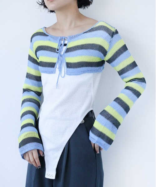 led.tokyo（レッドトウキョウ）の「【led.tokyo】2WAYシアーボーダーカーディガン（Tシャツ/カットソー・レディース・ピンク/ブルー・FREE）」の4枚目の写真