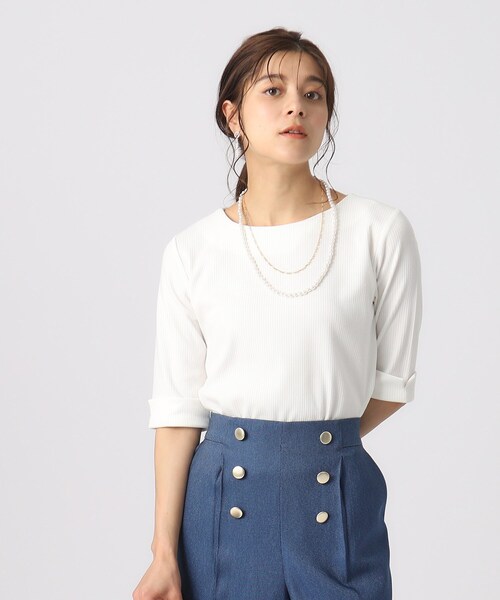 DRESKIP(ドレスキップ)の「◆一枚でもレイヤードでも お袖ロールアップ5分袖Tシャツ(Tシャツ/カットソー・レディース・ライトグレー/オフホワイト/ホワイト系5/ブラック・02/03/04)」の9枚目の写真