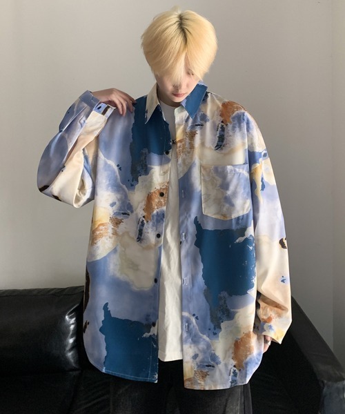 【セール】【FVLMEN】marble pattern longsleeve shirt/マーブル柄 ロングスリーブ シャツ（シャツ/ブラウス）｜FVLMEN（フルメン）シャツ/ブラウス