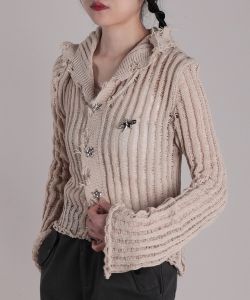 HOOK(フック)の「【HOOK】for girls 透かし編みセーラー襟カットソー(Tシャツ/カットソー・レディース・ブラック/ベージュ・S/M)」の1枚目の写真