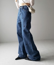 me+em select | 【 ２color 】ミニリボン刺繍ハイウエストストレートデニム ／ mini ribbon embroidery high waist straight denim(デニムパンツ)