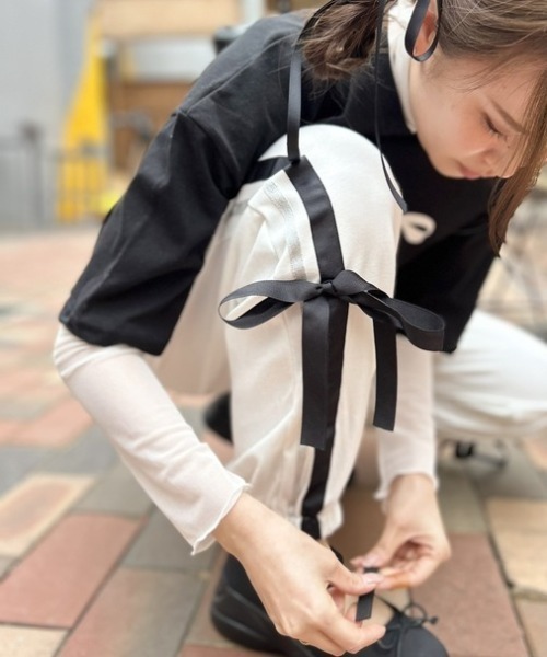 ipugo（イプゴ）の「ipugo/イプゴ サイドリボン スウェットパンツ（スウェットパンツ・レディース・ブラック/ホワイト・FREE）」の6枚目の写真