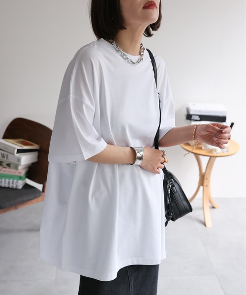 ap retro(アプレトロ)の「【USAコットン】オーバーサイズリラックスTシャツ / 半袖 / 春夏(Tシャツ/カットソー・レディース・ホワイト/ネイビー×ホワイト/グレー/ブラック/グレイッシュベージュ・FREE)」の13枚目の写真