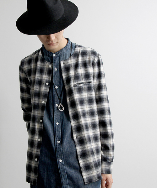 WEGO（ウィゴー）の「WEGO/オンブレチェックノーカラーシャツ　（シャツ/ブラウス・メンズ・ブラック系その他/レッド系その他・MEDIUM/LARGE）」の2枚目の写真