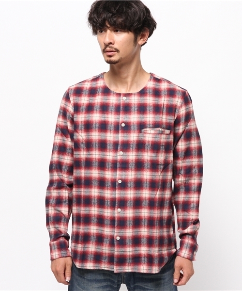 WEGO（ウィゴー）の「WEGO/オンブレチェックノーカラーシャツ　（シャツ/ブラウス・メンズ・ブラック系その他/レッド系その他・MEDIUM/LARGE）」の3枚目の写真