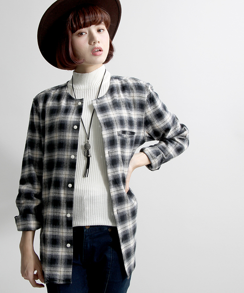 WEGO（ウィゴー）の「WEGO/オンブレチェックノーカラーシャツ　（シャツ/ブラウス・メンズ・ブラック系その他/レッド系その他・MEDIUM/LARGE）」の14枚目の写真