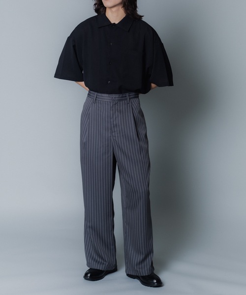 MandO ストライプワイドパンツ 黒 MandO（nemne store） スラックス 「MandO」ストライプ＆無地