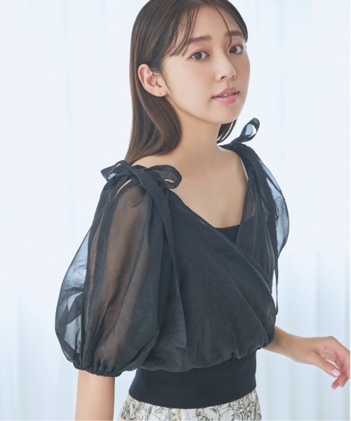 mysty woman（ミスティウーマン）の「リボンカシュクールプルオーバー　120988（Tシャツ/カットソー・レディース・ブラック/ライトブルー/オフホワイト/グレイッシュベージュ・FREE）」の3枚目の写真