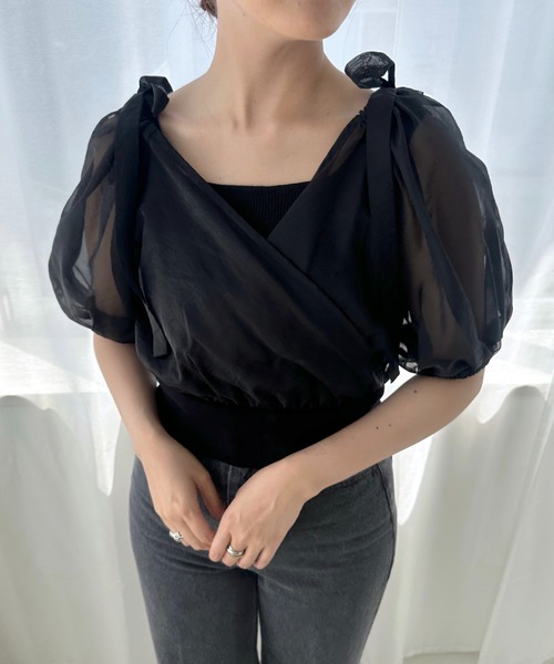 mysty woman（ミスティウーマン）の「リボンカシュクールプルオーバー　120988（Tシャツ/カットソー・レディース・ブラック/ライトブルー/オフホワイト/グレイッシュベージュ・FREE）」の20枚目の写真