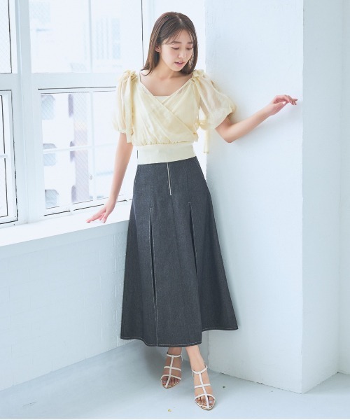 mysty woman（ミスティウーマン）の「リボンカシュクールプルオーバー　120988（Tシャツ/カットソー・レディース・ブラック/ライトブルー/オフホワイト/グレイッシュベージュ・FREE）」の10枚目の写真