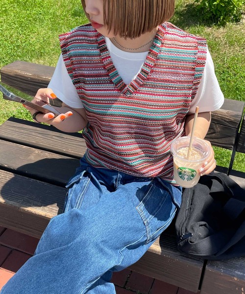 Chillfar（チルファー）の「メッシュボーダーサマーニットベスト（ベスト・レディース・オレンジ/グリーン/ブラック/ブルー・FREE）」の4枚目の写真