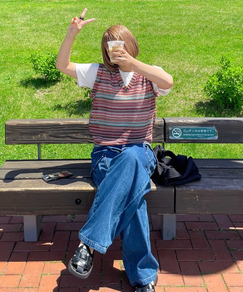 Chillfar（チルファー）の「メッシュボーダーサマーニットベスト（ベスト・レディース・オレンジ/グリーン/ブラック/ブルー・FREE）」の8枚目の写真