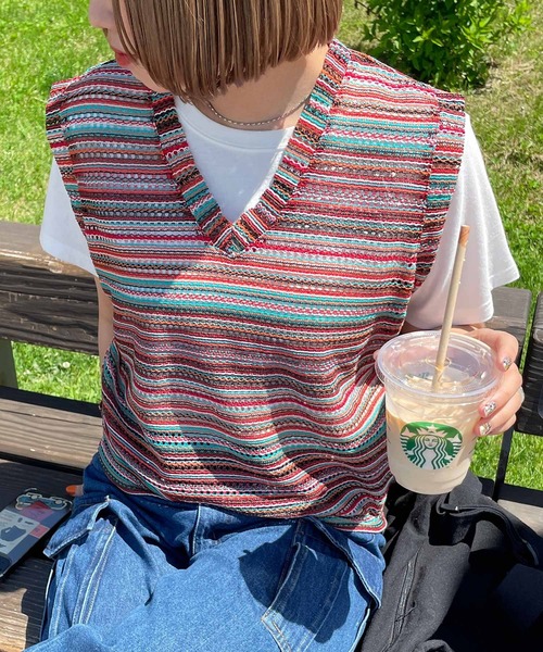 Chillfar（チルファー）の「メッシュボーダーサマーニットベスト（ベスト・レディース・オレンジ/グリーン/ブラック/ブルー・FREE）」の7枚目の写真