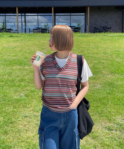 Chillfar（チルファー）の「メッシュボーダーサマーニットベスト（ベスト・レディース・オレンジ/グリーン/ブラック/ブルー・FREE）」の9枚目の写真