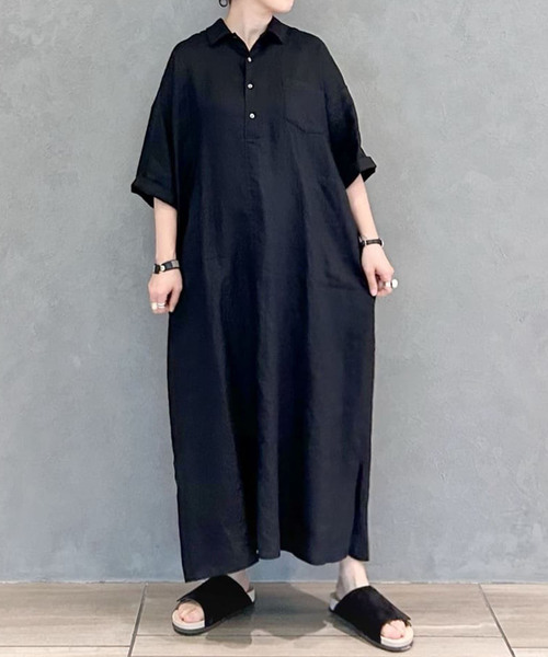 セール】40リネンワッシャー シャツワンピース（ワンピース