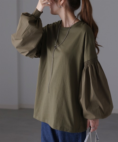 HUG.U(ハグユー)の「袖ぽわんカットソー(Tシャツ/カットソー・レディース・ホワイト/グレイッシュベージュ/オリーブ/ブラック・FREE)」の4枚目の写真