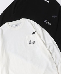 SITRY Embroidery Pocket T-shirt/別注 オーバーサイズ 犬 猫 おばけ フラワー ワンポイント刺繍 ポケット付き ロンＴ 長袖Ｔシャツ レディース メンズ