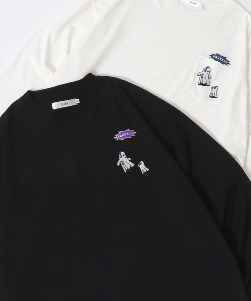 SITRY(シトリー)の「SITRY Embroidery Pocket T-shirt/別注 オーバーサイズ 犬 猫 おばけ フラワー ワンポイント刺繍 ポケット付き ロンT 長袖Tシャツ レディース メンズ(Tシャツ/カットソー・メンズ・ブラック/ホワイト系その他2/ブラック系その他3/ブラック系その他2/ブラック系その他/ホワイト/ホワイト系その他/ホワイト系その他3・M/L/XL)」の7枚目の写真