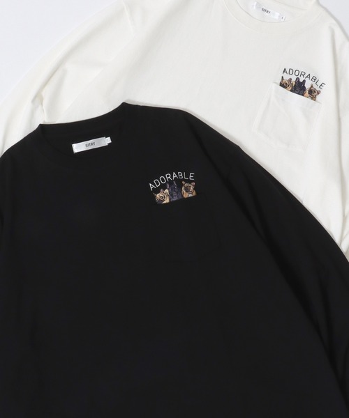 SITRY(シトリー)の「SITRY Embroidery Pocket T-shirt/別注 オーバーサイズ 犬 猫 おばけ フラワー ワンポイント刺繍 ポケット付き ロンT 長袖Tシャツ レディース メンズ(Tシャツ/カットソー・メンズ・ブラック/ホワイト系その他2/ブラック系その他3/ブラック系その他2/ブラック系その他/ホワイト/ホワイト系その他/ホワイト系その他3・M/L/XL)」の1枚目の写真