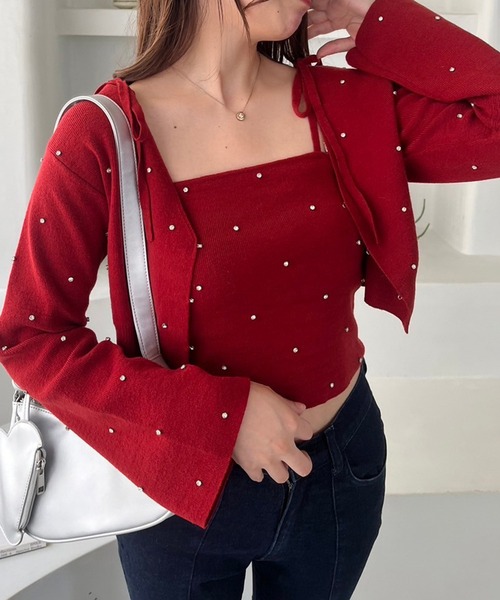 one after another NICE CLAUP(ワンアフターアナザーナイスクラップ)の「ビジューニットカーディガン【セットで着れるビスチェあり】(カーディガン/ボレロ・レディース・レッド/ピンク/ブラック/アイボリー/杢グレー・FREE)」の5枚目の写真