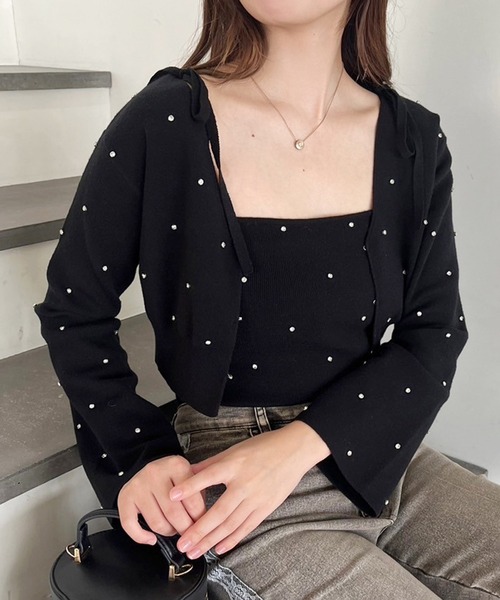 one after another NICE CLAUP(ワンアフターアナザーナイスクラップ)の「ビジューニットカーディガン【セットで着れるビスチェあり】(カーディガン/ボレロ・レディース・レッド/ピンク/ブラック/アイボリー/杢グレー・FREE)」の16枚目の写真