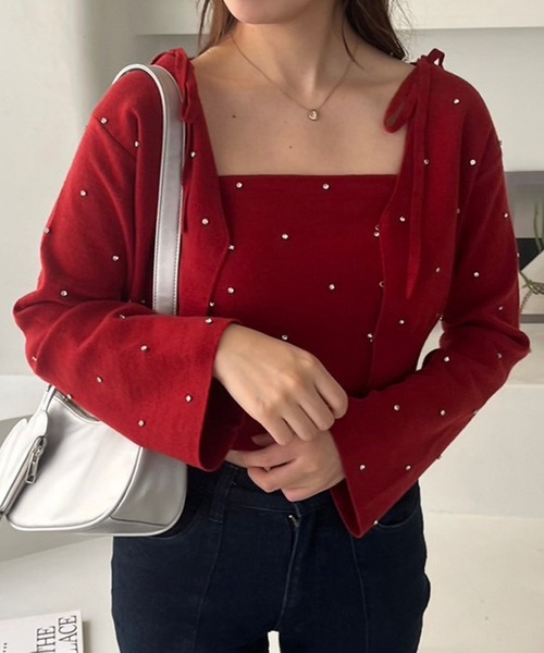 one after another NICE CLAUP(ワンアフターアナザーナイスクラップ)の「ビジューニットカーディガン【セットで着れるビスチェあり】(カーディガン/ボレロ・レディース・レッド/ピンク/ブラック/アイボリー/杢グレー・FREE)」の21枚目の写真