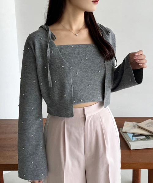 one after another NICE CLAUP(ワンアフターアナザーナイスクラップ)の「ビジューニットカーディガン【セットで着れるビスチェあり】(カーディガン/ボレロ・レディース・レッド/ピンク/ブラック/アイボリー/杢グレー・FREE)」の12枚目の写真