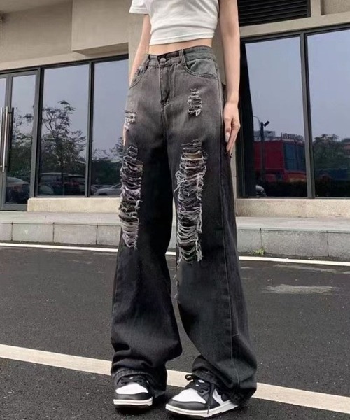CANVAS+(キャンバスプラス)の「【CANVAS+】グラデーションダメージデニムパンツ(デニムパンツ・レディース・ブラック・M/L/S)」の1枚目の写真