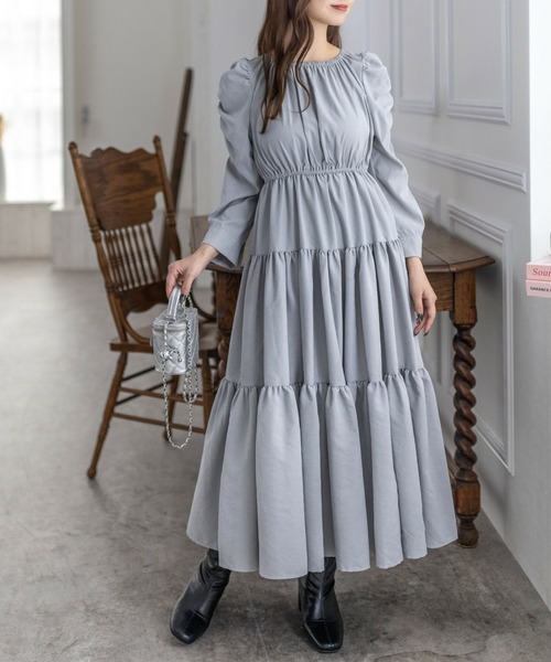 大人可愛い♡ KUBOSANMADE ドットティアードロングワンピース グレー