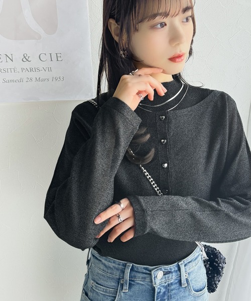 mily bilet(ミウィビレット)の「【mily bilet】2点セット!上品さと可愛らしさを兼ね備えた、オフショル2WAYラメシアーニットアンサンブル(カーディガンセット)(カーディガン/ボレロ・レディース・グレー/チョコ/ブラック・SMALL/X-LARGE/MEDIUM/LARGE)」の5枚目の写真