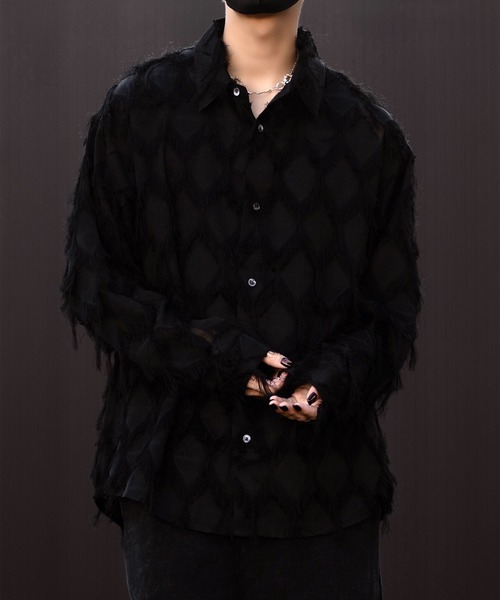 Rituals フリンジ付き黒長袖シャツ CLEL】Fringe Design Jacquard Shirt/フリンジデザイン ジャカード