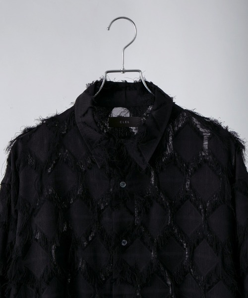 Rituals フリンジ付き黒長袖シャツ CLEL】Fringe Design Jacquard Shirt/フリンジデザイン ジャカード