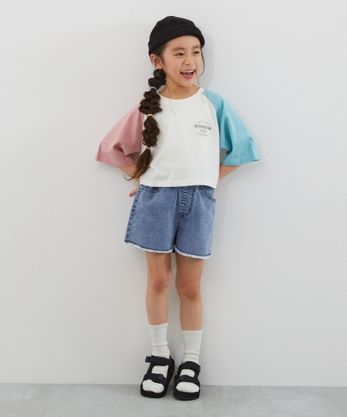 devirock(デビロック)の「ストレッチデニム ケミカルウォッシュ 裾フリンジ ショートパンツ(デニムパンツ・キッズ・ブラック系1/ネイビー系1/ブルー系1/オフホワイト・100cm/110cm/120cm/130cm/140cm/150cm/160cm)」の6枚目の写真
