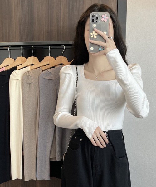 スクエアネック パフスリーブ 長袖 リブニット トップス（ニット