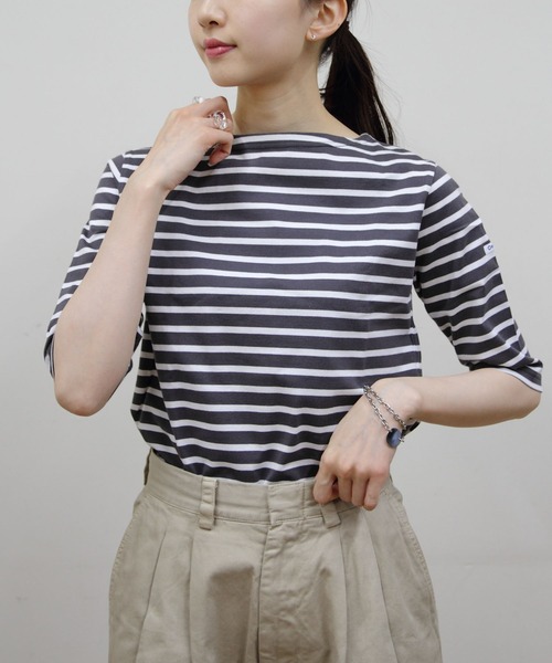 ORCIVAL（オーシバル）の「ORCIVAL/オーシバル　ボートネックハーフスリーブプルオーバー　ボーダー　BOATNECK HALFSLEEVE PULLOVER BORDER　OR-C0136 BFJ（Tシャツ/カットソー・レディース・ラベンダー/チャコールグレー/グリーン/ピンク・2/1）」の2枚目の写真