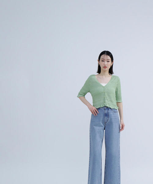 NATURAL BEAUTY BASIC（ナチュラルビューティーベーシック）の「◇シャーリングニットカーディガン（カーディガン/ボレロ・レディース・ライトグリーン/オフホワイト/ブラック・FREE）」の15枚目の写真