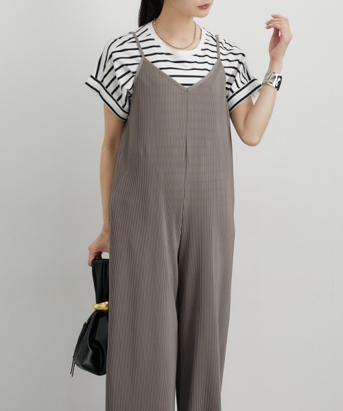 The Barnnetベージュサロペット パンツ 小さいサイズ へリンボンサロペットワイドパンツ 低身長さん