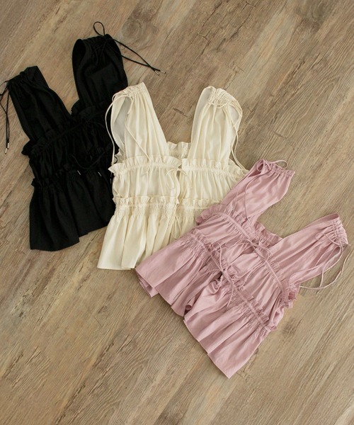 Samansa Mos2(サマンサ モスモス)の「前後2WAYシャーリングリボンベスト(ベスト・レディース・オフホワイト/ブラック/ピンク・F)」の3枚目の写真