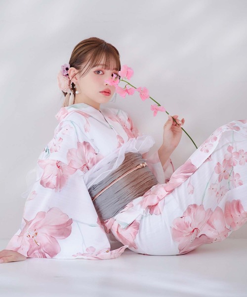 画像の帯の色違い 赤グラデ 帯付き◆◆ノー皺加工最高級カルキュロ◆碧玉波浴衣 画像の帯の色違い 赤グラデ 帯付き◇◇ノー皺加工最高級