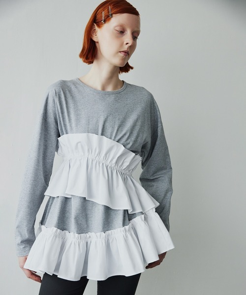 SORIN（ソリン　）の「Asymmetry Ruffled Long T-shirt（Tシャツ/カットソー・レディース・ホワイト/グレー/ブラック・38）」の3枚目の写真