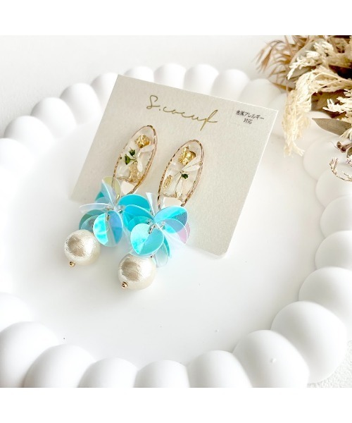 tone（トーン）の「【S.coeuf】【S.coeuf】金属アレルギー対応イヤリング　お花のオーバル×スパンコールとコットンパール(MA)（イヤリング・レディース・ブルー/ホワイト/ゴールド/シルバー・FREE）」の10枚目の写真