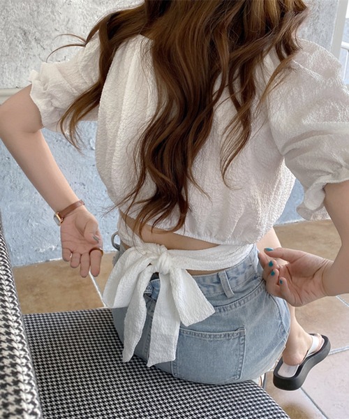 WESTSEA(ウエストシー)の「ショート丈 パフスリーブ バックリボン トップス(Tシャツ/カットソー・レディース・ホワイト/ブラック・M/L)」の7枚目の写真