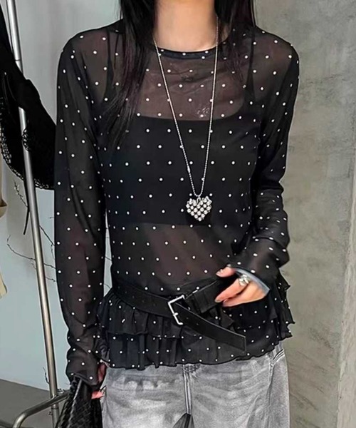 MEMECLE(メメクル)の「【 MEMECLE / メメクル 】シースルースキン ドットフリルトップス(Tシャツ/カットソー・レディース・ホワイト/ライトイエロー/ブラック・FREE)」の3枚目の写真
