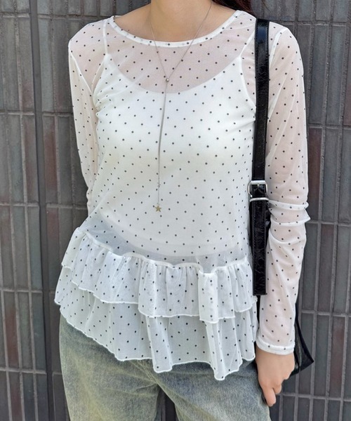 MEMECLE(メメクル)の「【 MEMECLE / メメクル 】シースルースキン ドットフリルトップス(Tシャツ/カットソー・レディース・ホワイト/ライトイエロー/ブラック・FREE)」の14枚目の写真