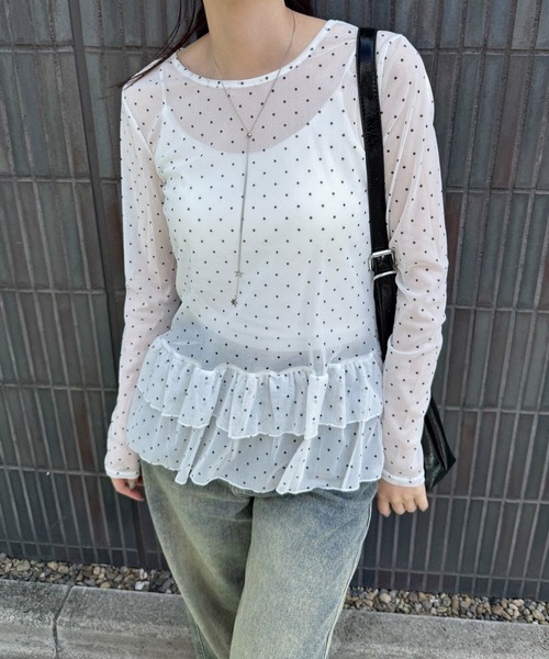 MEMECLE(メメクル)の「【 MEMECLE / メメクル 】シースルースキン ドットフリルトップス(Tシャツ/カットソー・レディース・ホワイト/ライトイエロー/ブラック・FREE)」の16枚目の写真